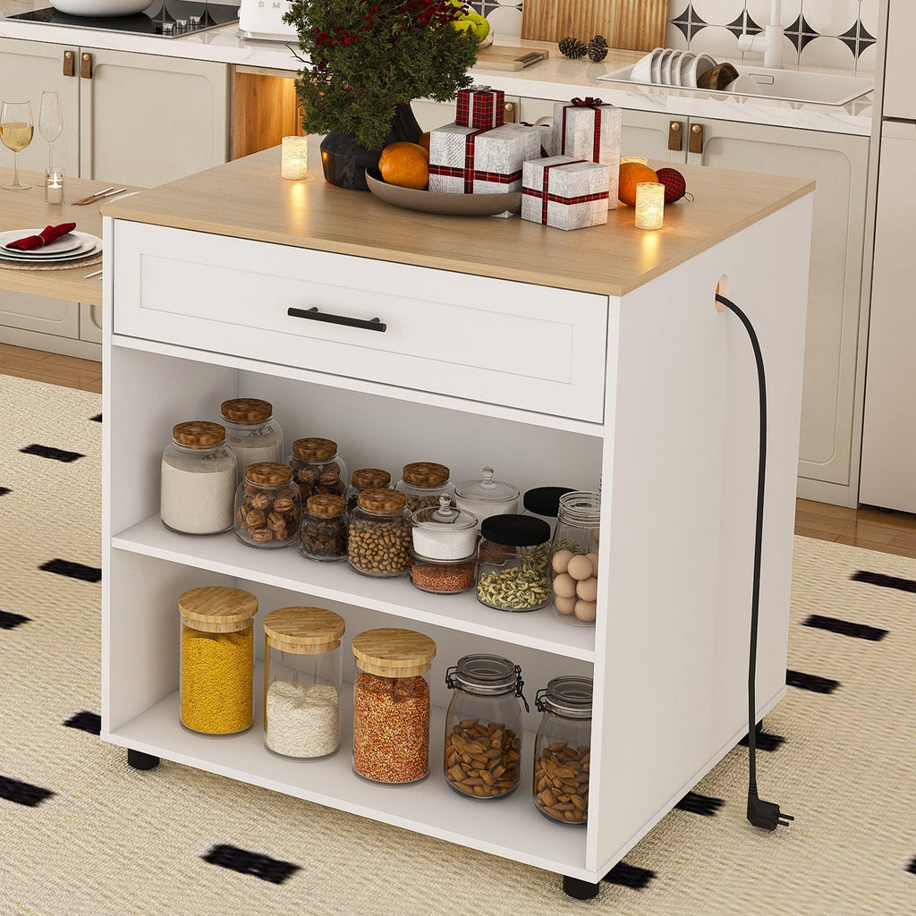 Expandable Kitchen Island with Dining Table & Power Outlet.