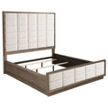 Taupe oak California king bed frame featuring a tufted, cream-colored fabric headboard and footboard.