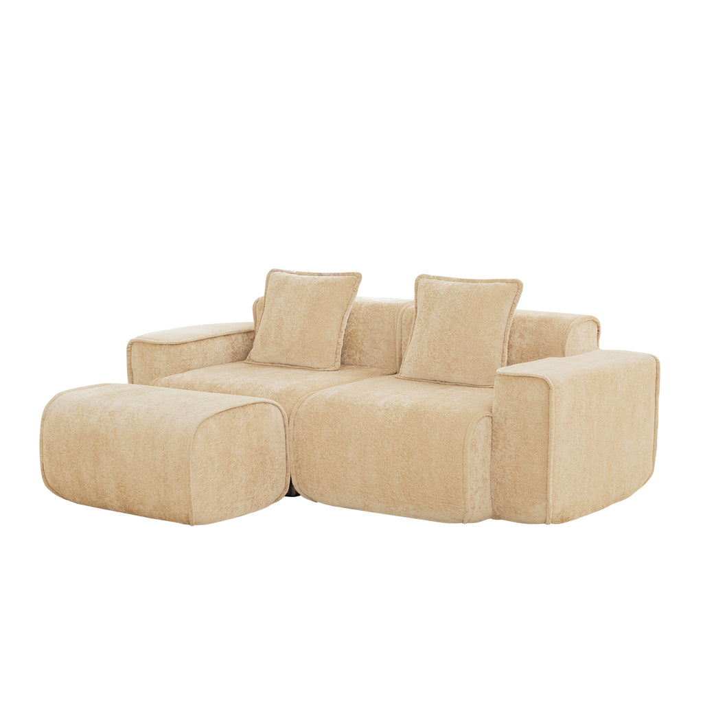 Side angle of Velvet L Shape Modular Sofa with Ottoman, highlighting its modular structure and plush velvet upholstery in beige.