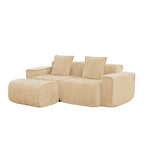 Side angle of Velvet L Shape Modular Sofa with Ottoman, highlighting its modular structure and plush velvet upholstery in beige.