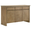 Light brown wood 3-door sideboard with a distressed finish, fluted sides, and geometric patterned cabinet doors.