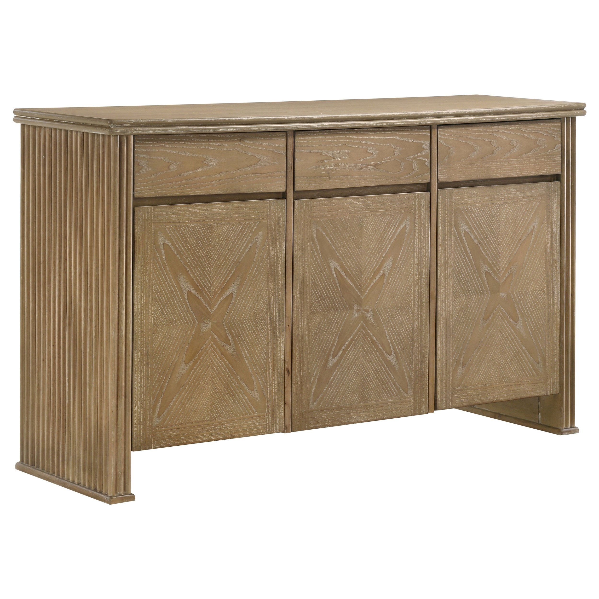 Light brown wood 3-door sideboard with a distressed finish, fluted sides, and geometric patterned cabinet doors.