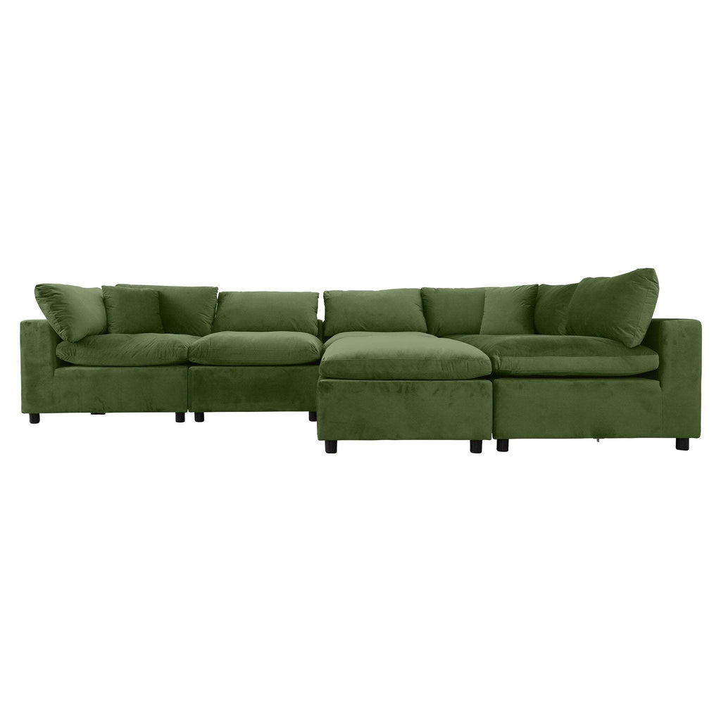 Olive green velvet modular sectional sofa with deep foam cushions and a clean, modern design on a plain white background.