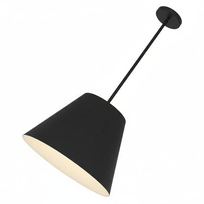 Angled view of 16 inch LED black pendant light with wide shade. Ideal for focused lighting in kitchens or dining rooms.