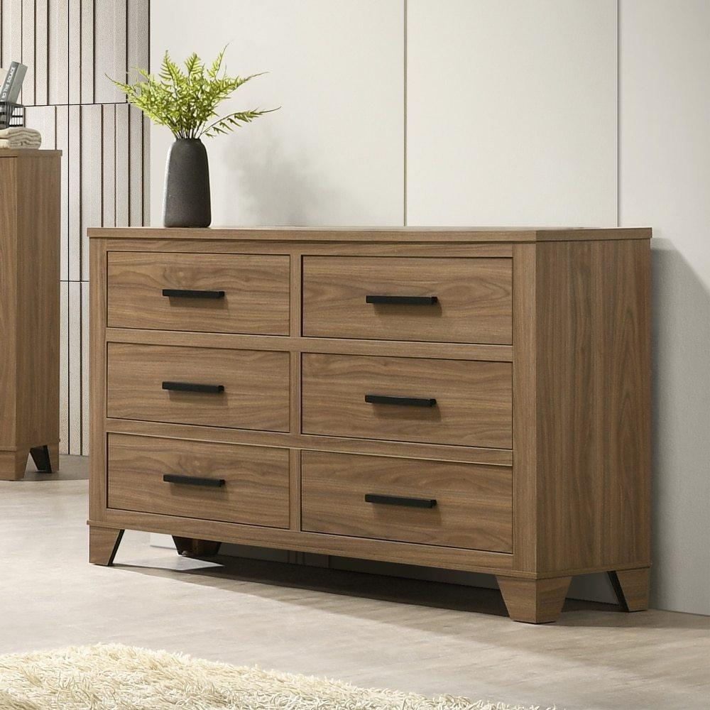 Walnut Dresser with Mirror and Six Drawers.