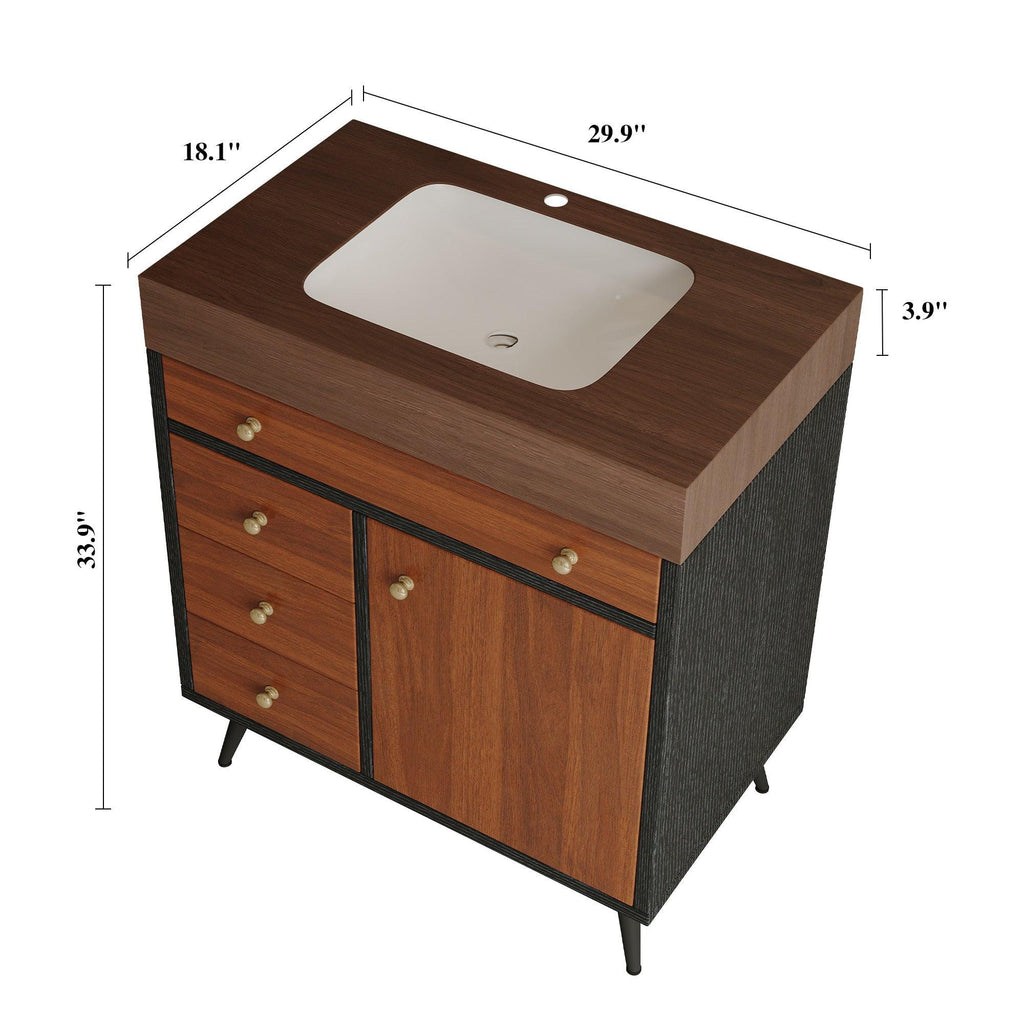 Mid-Century Modern Bathroom Vanity with Ceramic Sink.