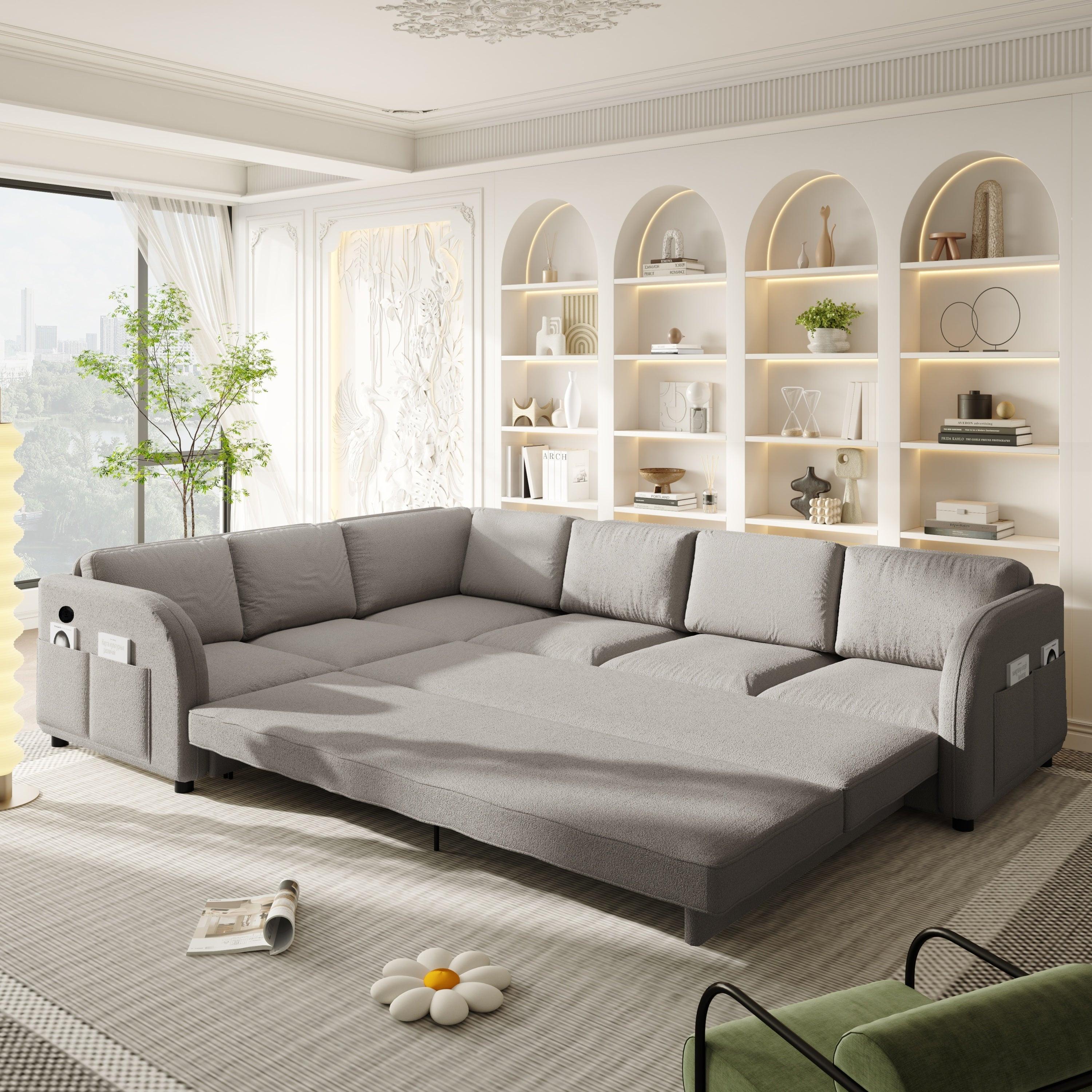 L-Shaped Sofa with Pull-Out Bed and USB Port.