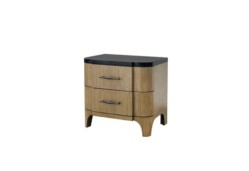 Angled view of 2 Drawer Stone Top Nightstand with USB Charging, showcasing curved edges and sleek metal handles for stylish bedside storage.