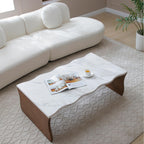 47.24' Whisper of Waves Modern Coffee Table, White Faux Marble Table Top w/ Solid Wood Veneered Base, Organic Shape Accent Table, Cocktail Table for Living Room Apartment Office, Walnut Brown