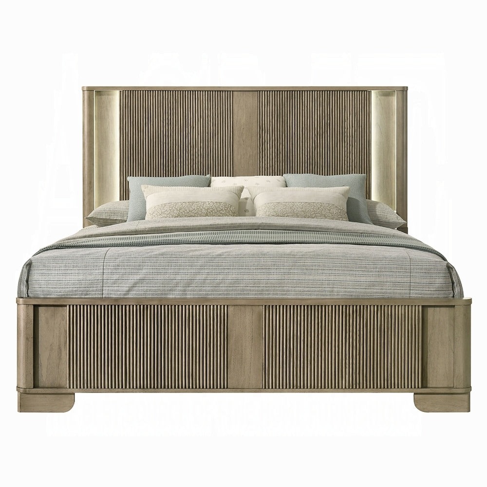 Front view of King Bed LED Headboard - Antique Oak | Rustic Style featuring solid wood frame and vertical slat detailing with soft LED lighting.