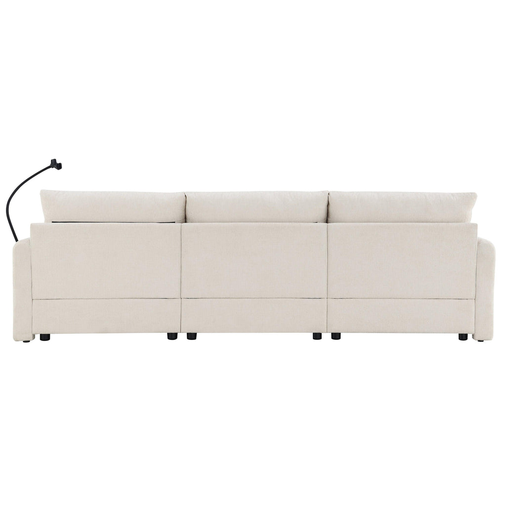 Back view of beige L-shaped sectional sofa with USB charging port and phone holder, designed for modern home comfort and convenience.