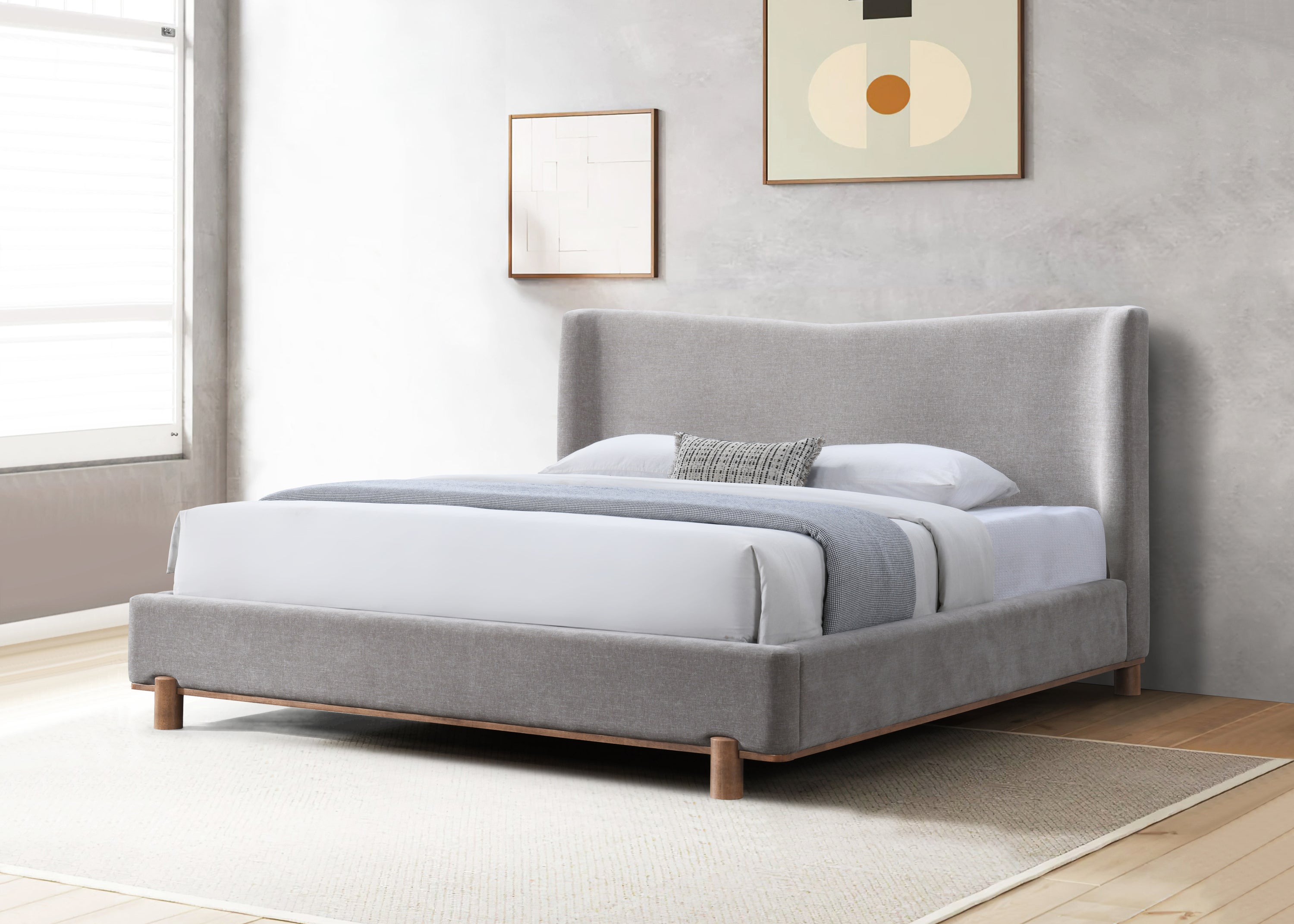 Melbourne Gray Chenille Eastern King Bed Frame in a modern bedroom with no box spring needed. Features soft gray chenille and wingback headboard.