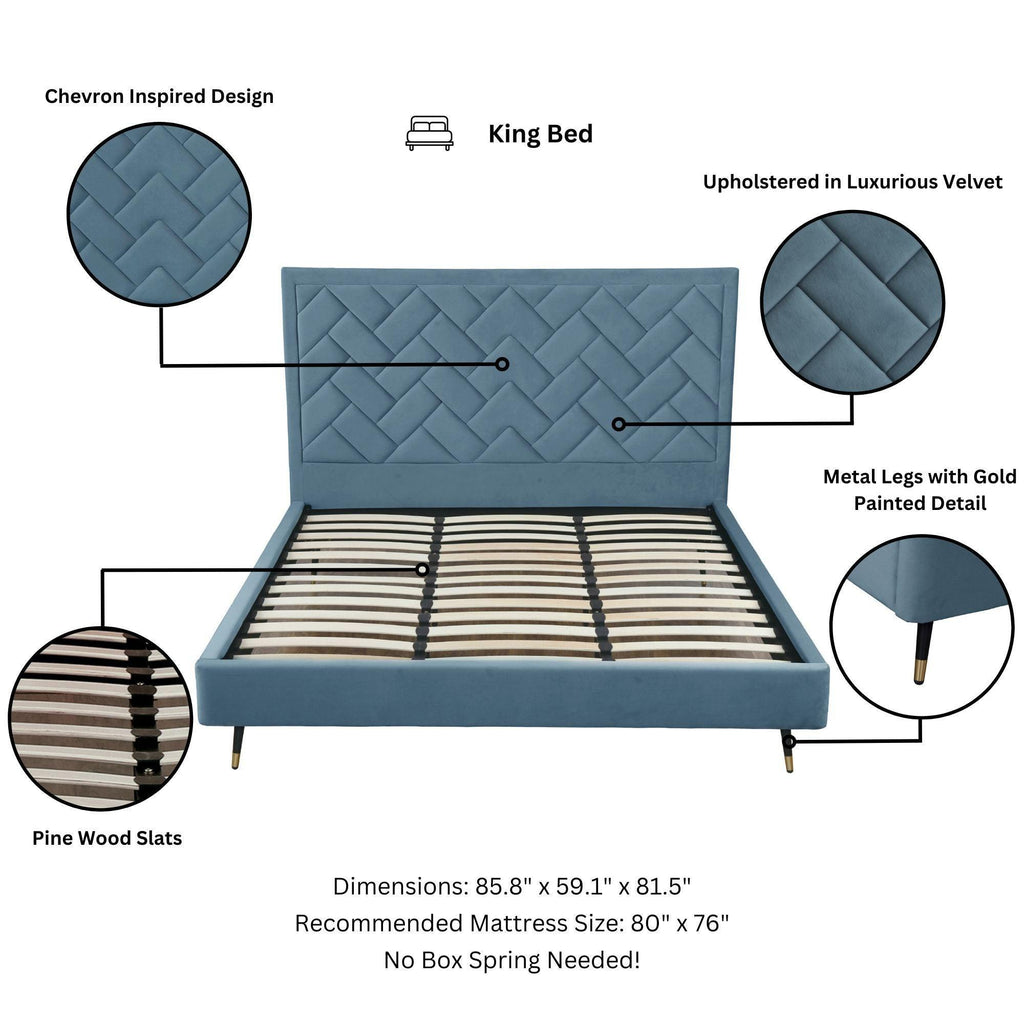 Crosby Upholstered Velvet King Bed in Blue.