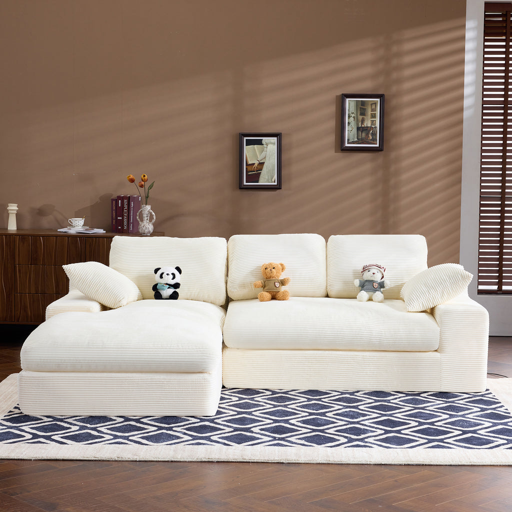 Front view of Compressed Corduroy Sofa in white with plush seating, 3 back cushions, and 2 pillows for maximum comfort.