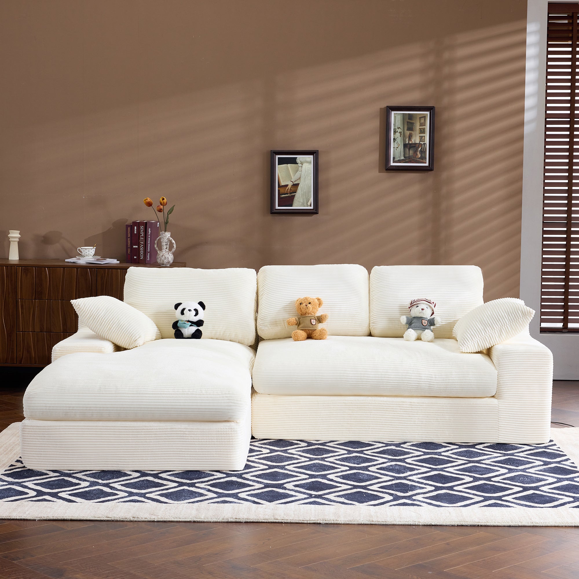 Front view of Compressed Corduroy Sofa in white with plush seating, 3 back cushions, and 2 pillows for maximum comfort.