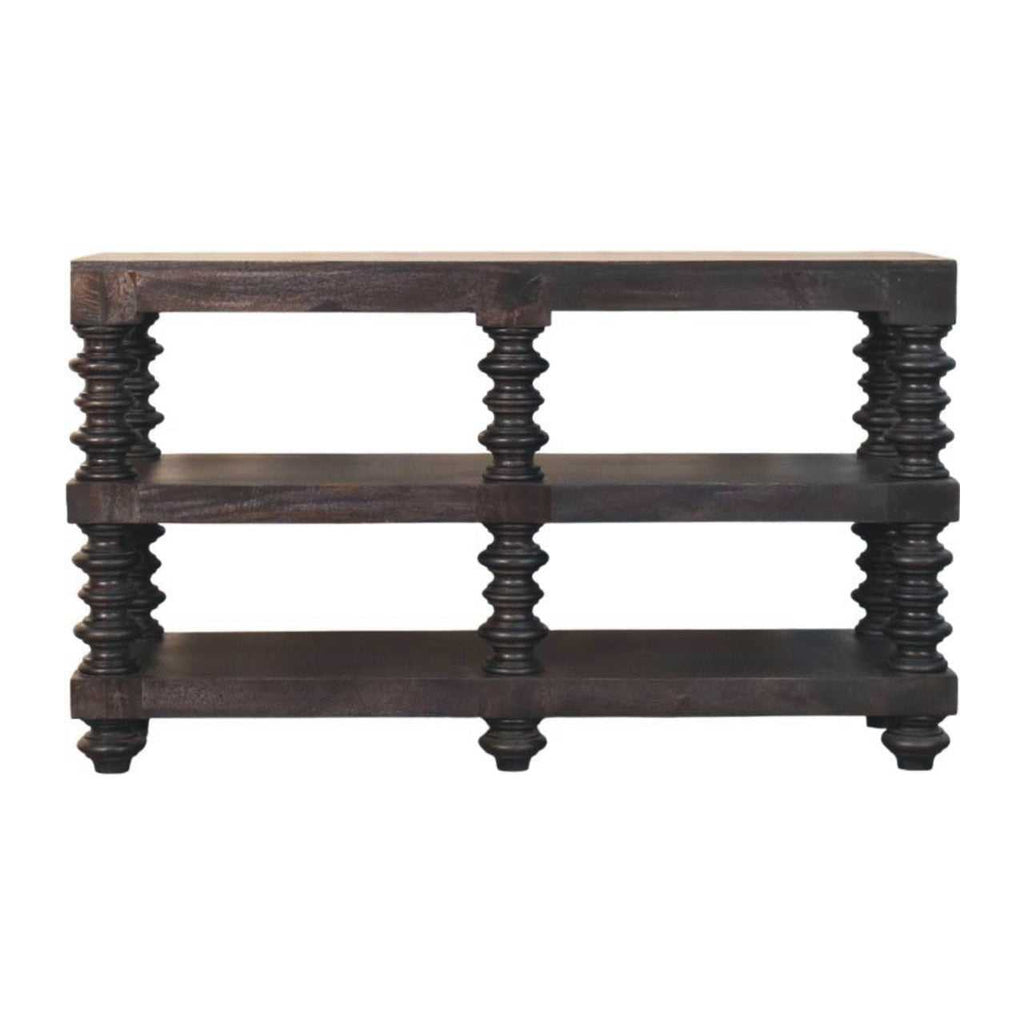 Solid Wood Spindle Shelf Console in Carbon Ash, Black with storage