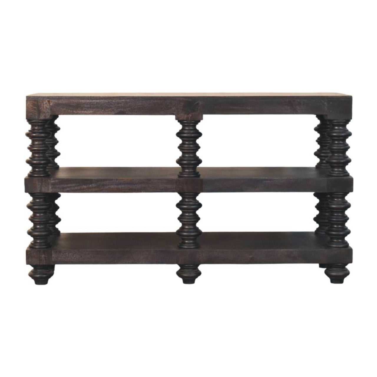 Solid Wood Spindle Shelf Console in Carbon Ash, Black with storage