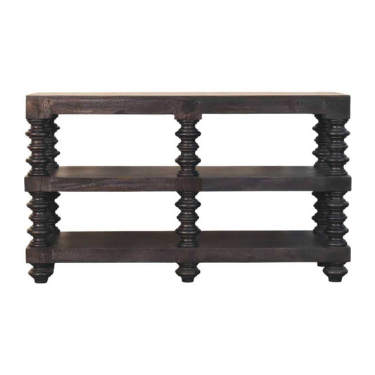 Solid Wood Spindle Shelf Console in Carbon Ash, Black with storage