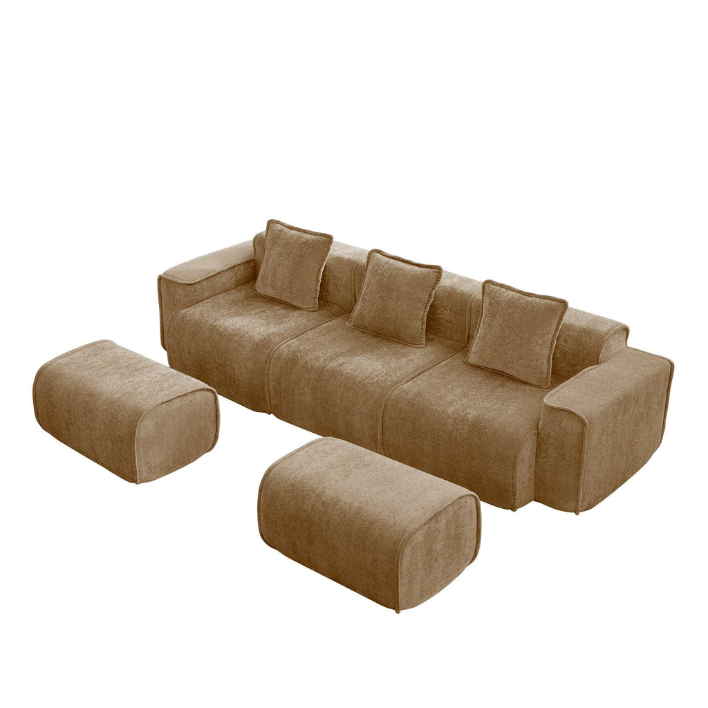 Modular Velvet Brown 3 Seat Sectional Sofa with Ottomans.