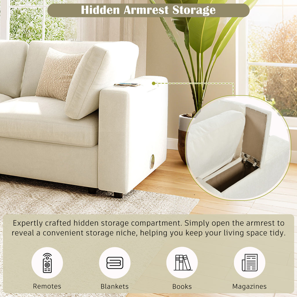 Modular Sofa with Charging - Storage | Chenille, 4 Seats with hidden armrest storage for remotes, books, and magazines to keep space clutter-free.