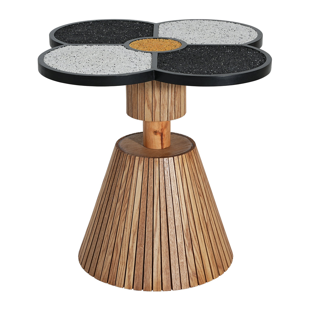 Modern Four-Leaf Clover Accent Table with a flared wooden base and textured terrazzo surface for stylish home decor.