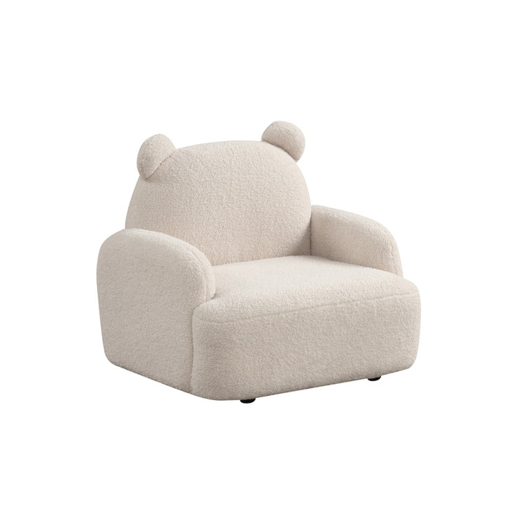 Sherpa upholstered bear-shaped kids armchair in beige with plush texture and rounded arms, ideal for children's bedroom or playroom seating.