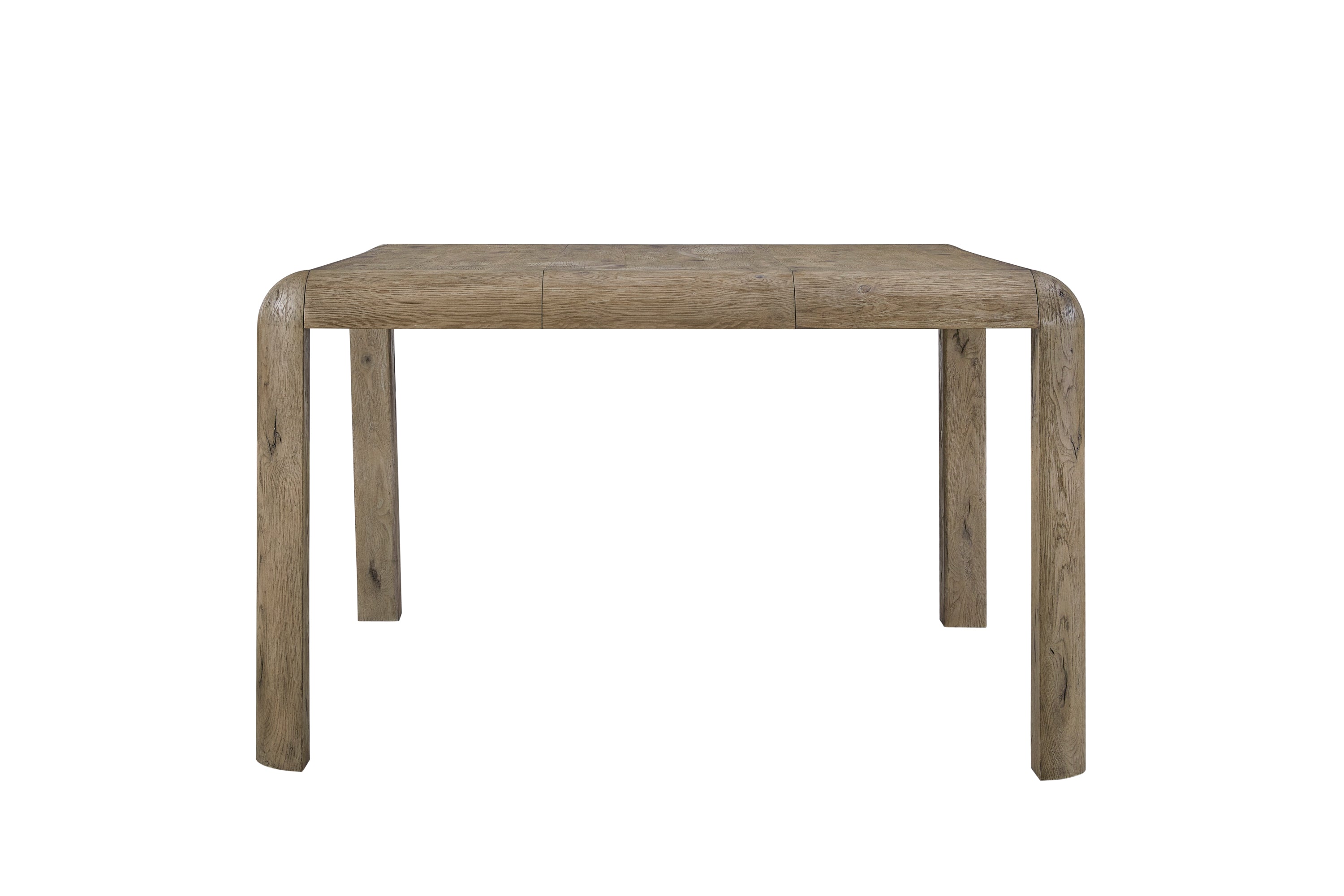 Counter Height Oak Table with knotty veneer and rounded corners, showcasing a rustic finish and sturdy square legs for dining spaces.
