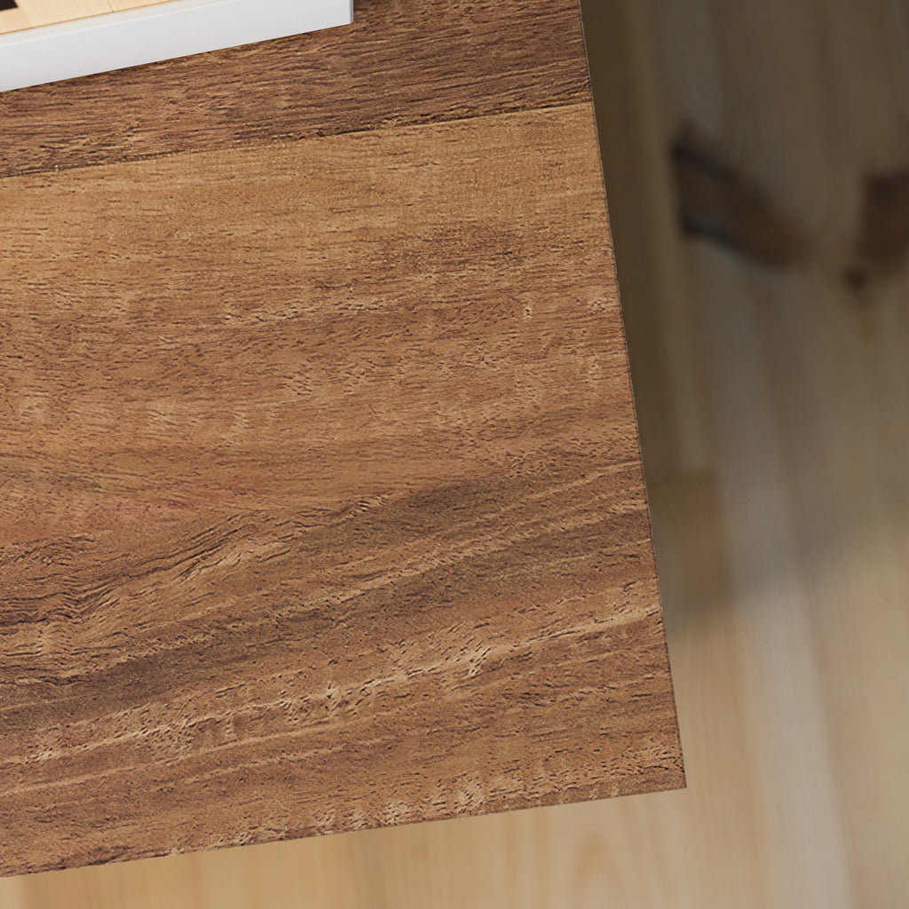 Close-up of wood grain texture on brown lateral file cabinet top, highlighting natural finish and quality craftsmanship.