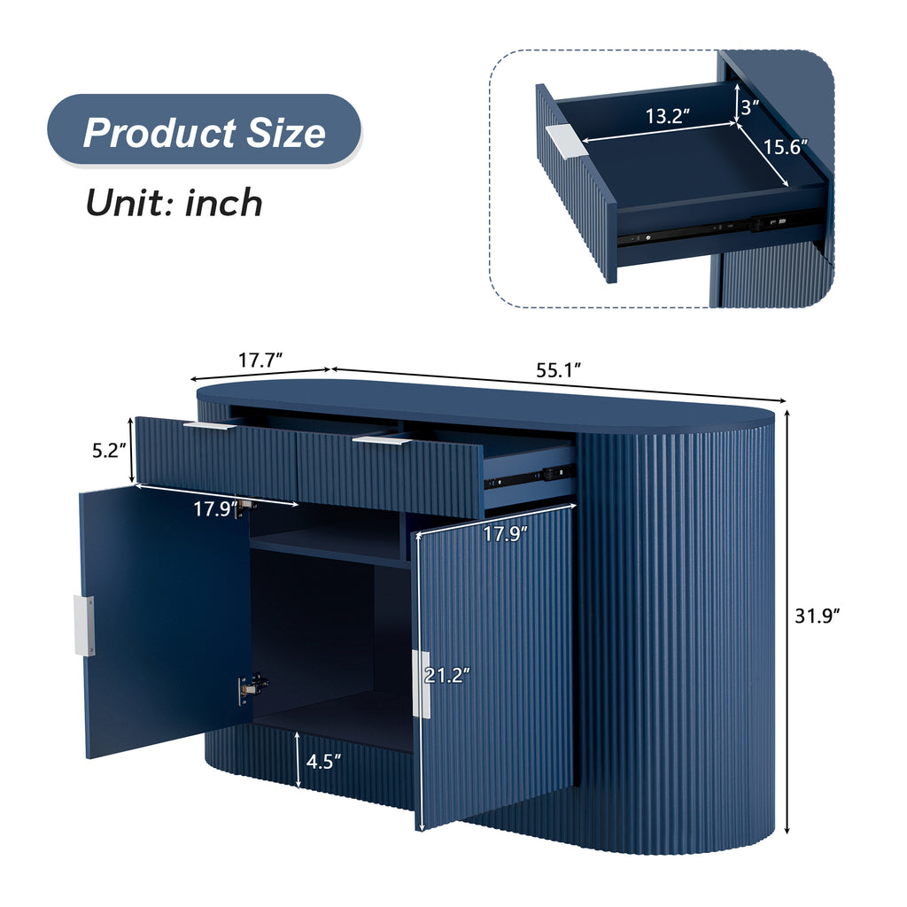 Detailed product dimensions of modern MDF storage cabinet with curved doors, drawers, and shelves in inches.