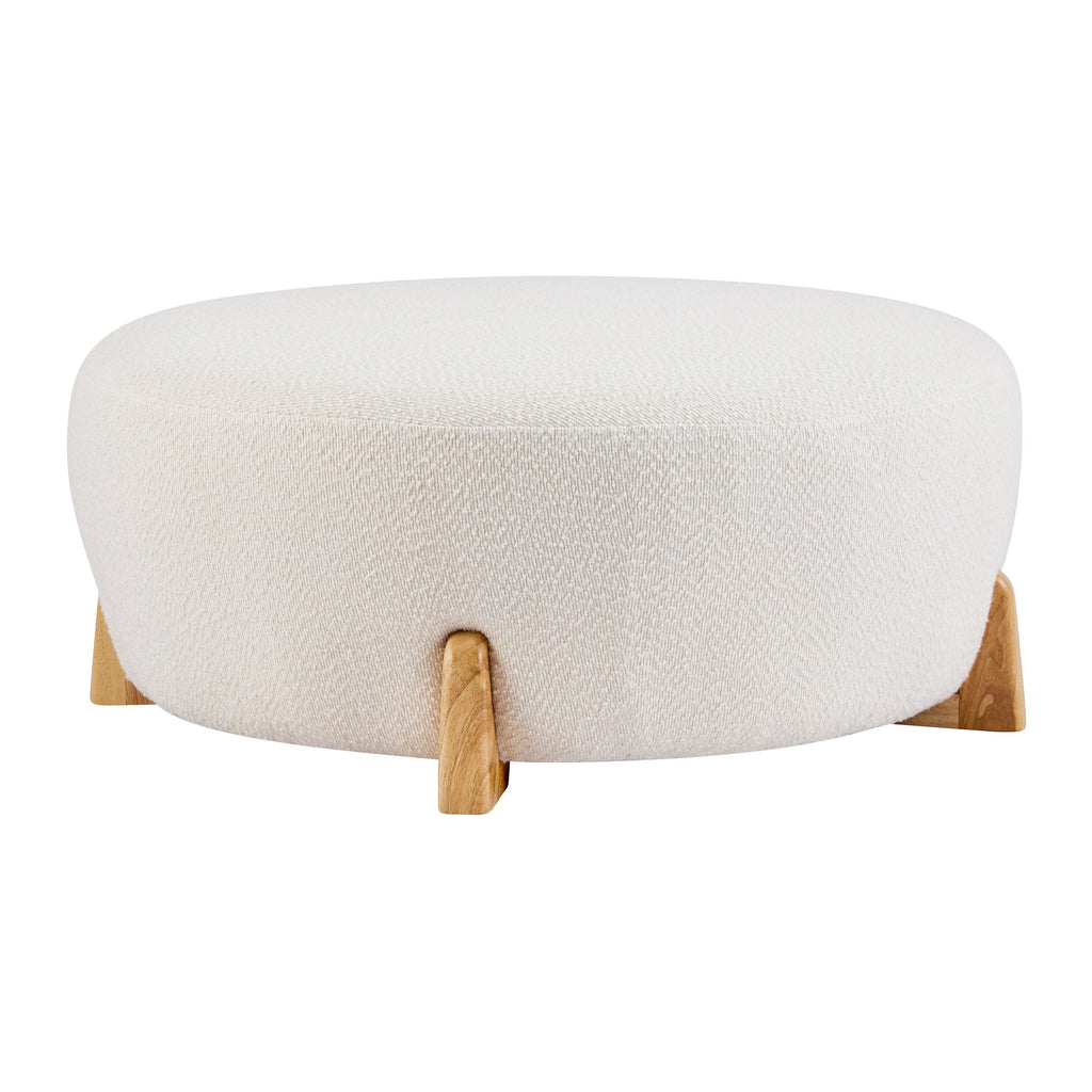 Modish Round Ottoman with Boucle Top and Natural Wood Legs.