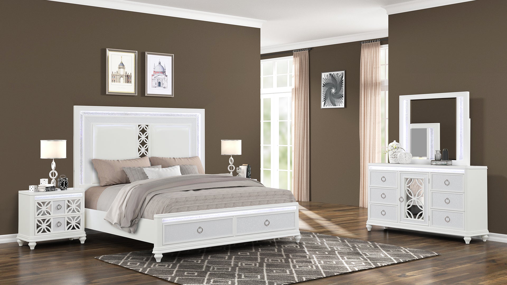Abigale Modern White Wood King Bedroom Set with LED and Drawers