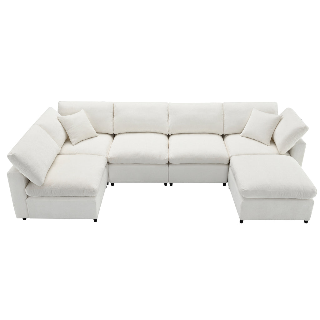 Top-down view of 130' Modular Sofa Bed - Convertible 6 Seat Sectional arranged in L-shape with two throw pillows.