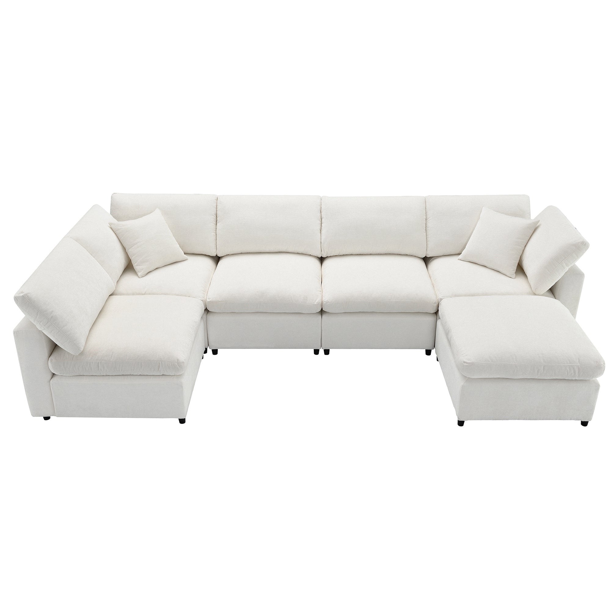 Top-down view of 130' Modular Sofa Bed - Convertible 6 Seat Sectional arranged in L-shape with two throw pillows.