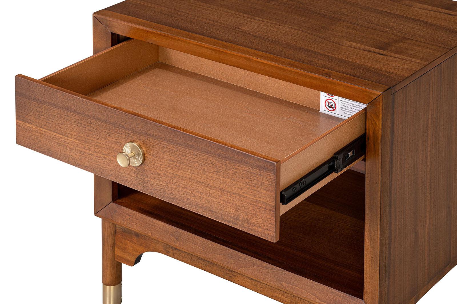 Mid Century Modern Nightstand with USB Port and Gold Legs.