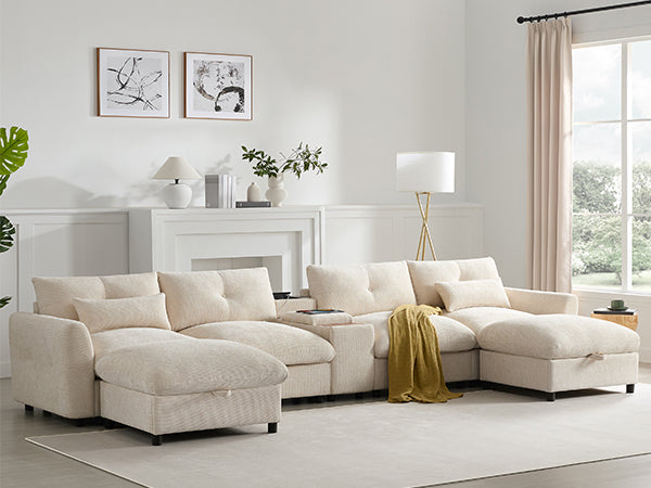 Full view of 142'' modular sectional sofa with storage, console, and wide seats in a modern living room. Designed for ultimate comfort.