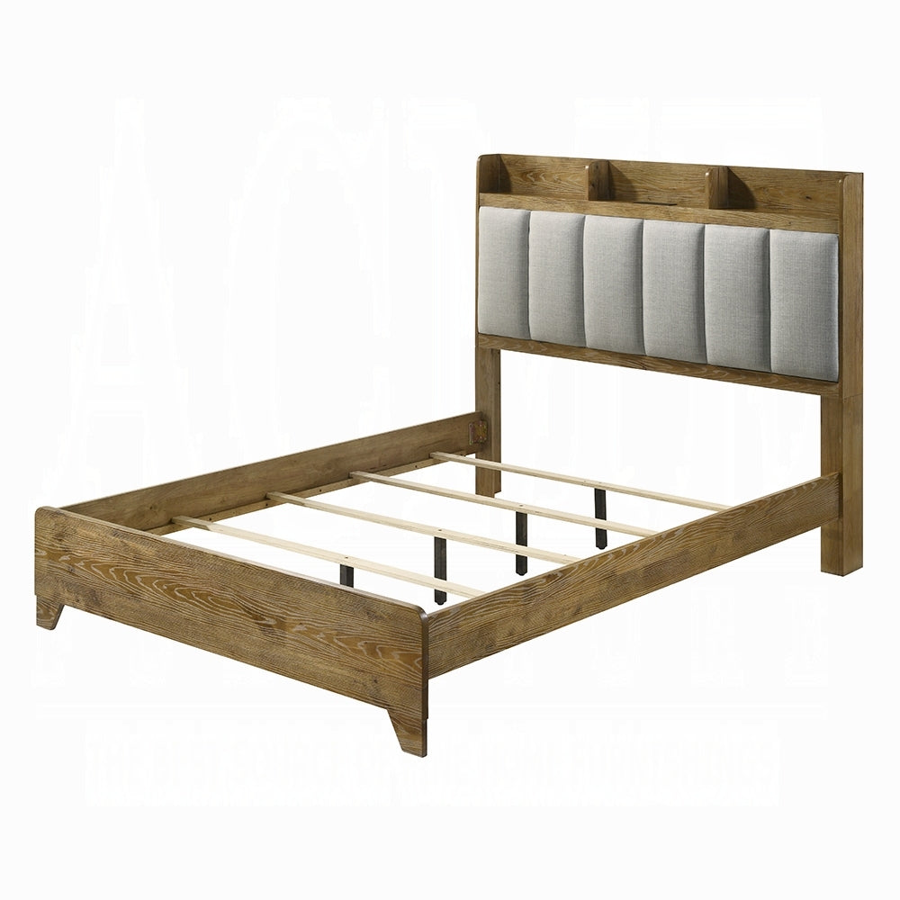King Wooden Bed USB Ports - King Size Bed frame without mattress, highlighting sturdy wood slats and upholstered headboard with built-in USB ports.