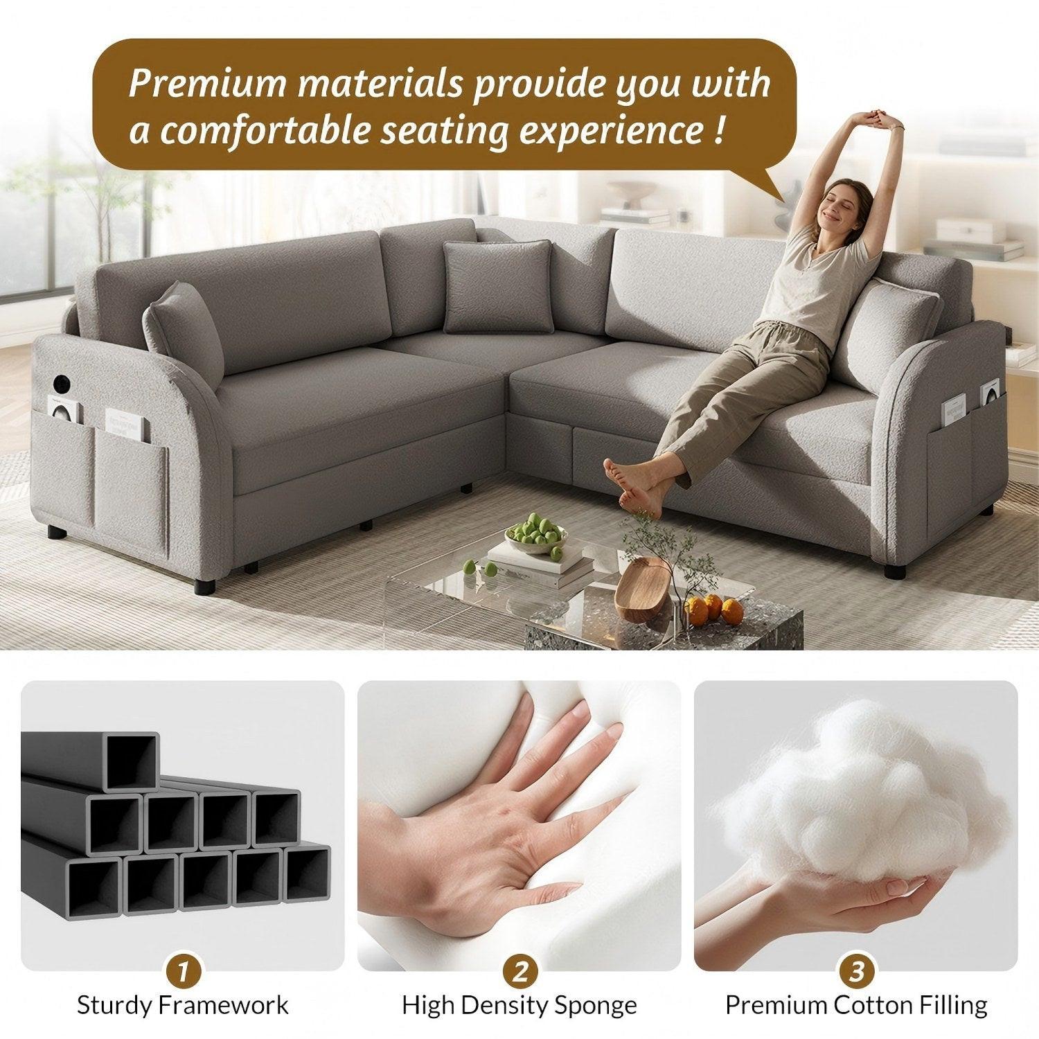 85.1' L-Shaped Sofa Bed with USB Port and Pocket.
