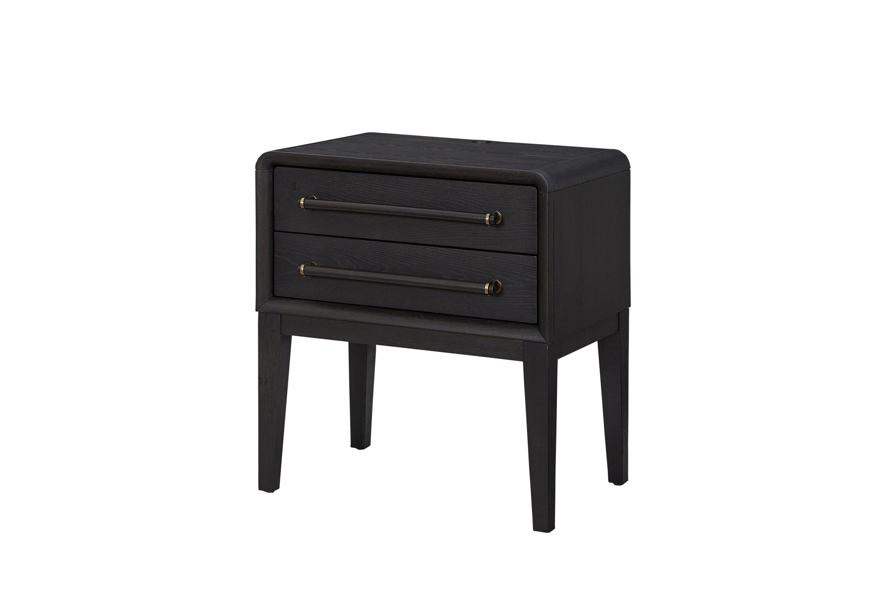 Angled view of small nightstand in black wood finish with tapered legs and two spacious drawers for bedroom storage.