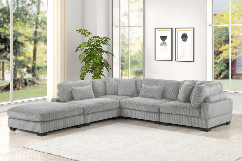 Bentley Modular Sectional Sofa - Modern Style in gray corduroy with acacia wood base, ideal for spacious contemporary living rooms.