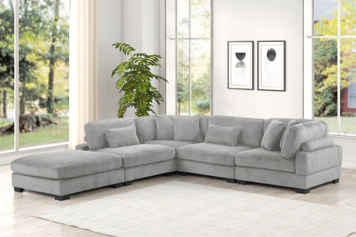 Bentley Modular Sectional Sofa - Modern Style in gray corduroy with acacia wood base, ideal for spacious contemporary living rooms.