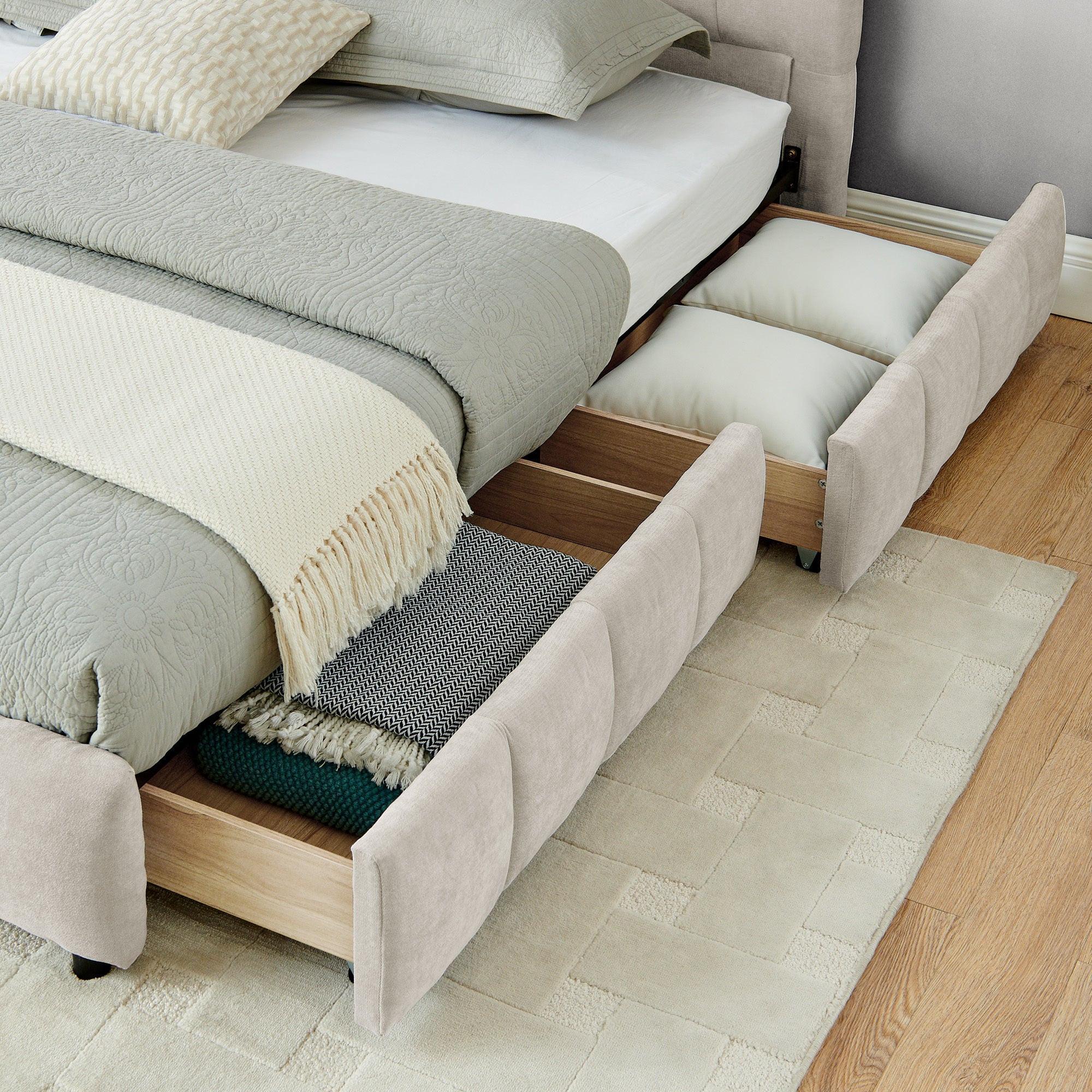 California King Upholstered Bed with Storage Drawer.