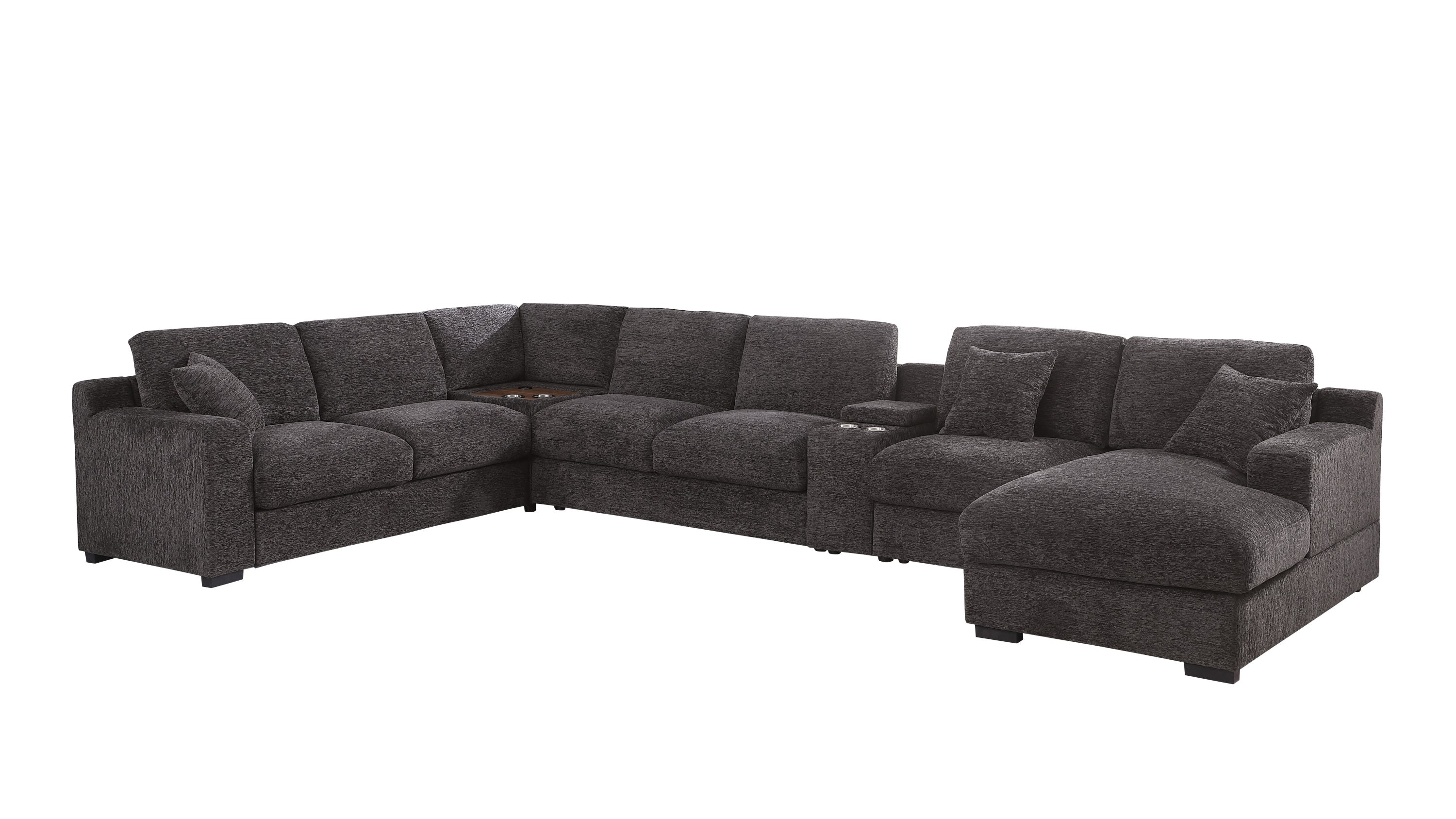 Gray chenille sectional sofa with right-facing chaise and tech features including cupholders and USB charging ports, shown from angled view.