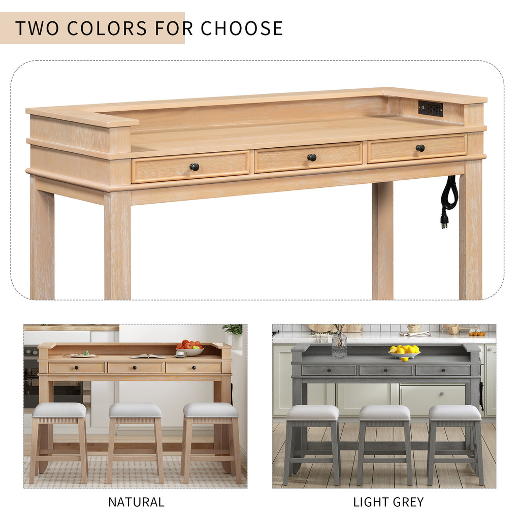 TREXM 4-Piece Dining Table Set for 3, Retro Kitchen Table and Chairs Set with 3 Storage Drawers, Ideal for Small Spaces (Natural)