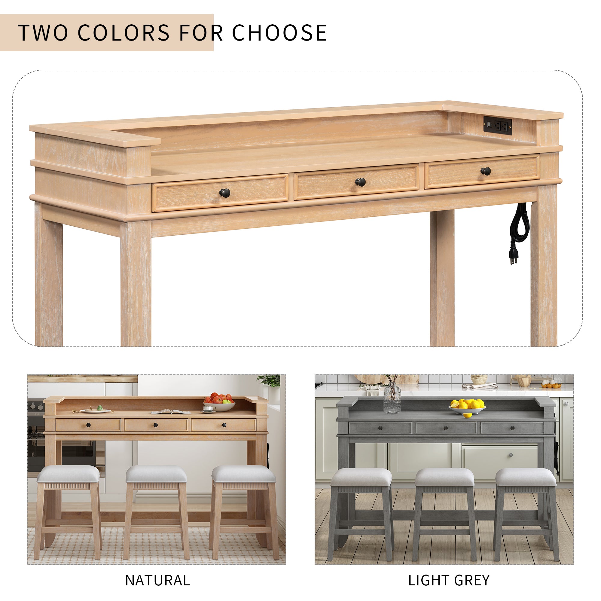 TREXM 4-Piece Dining Table Set for 3, Retro Kitchen Table and Chairs Set with 3 Storage Drawers, Ideal for Small Spaces (Natural)