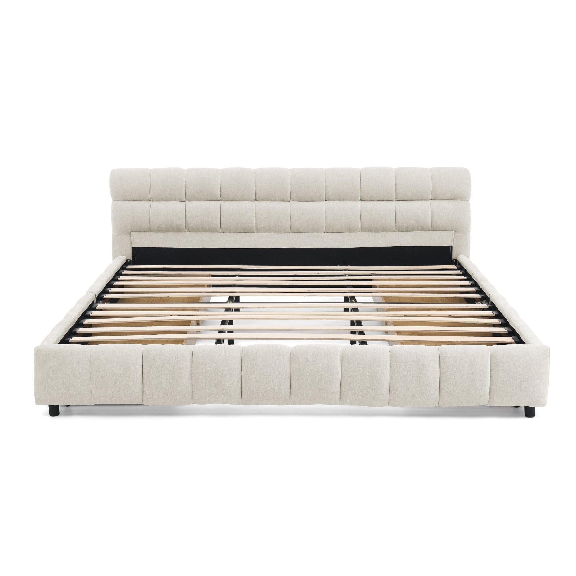 California King Upholstered Bed with Storage Drawer.