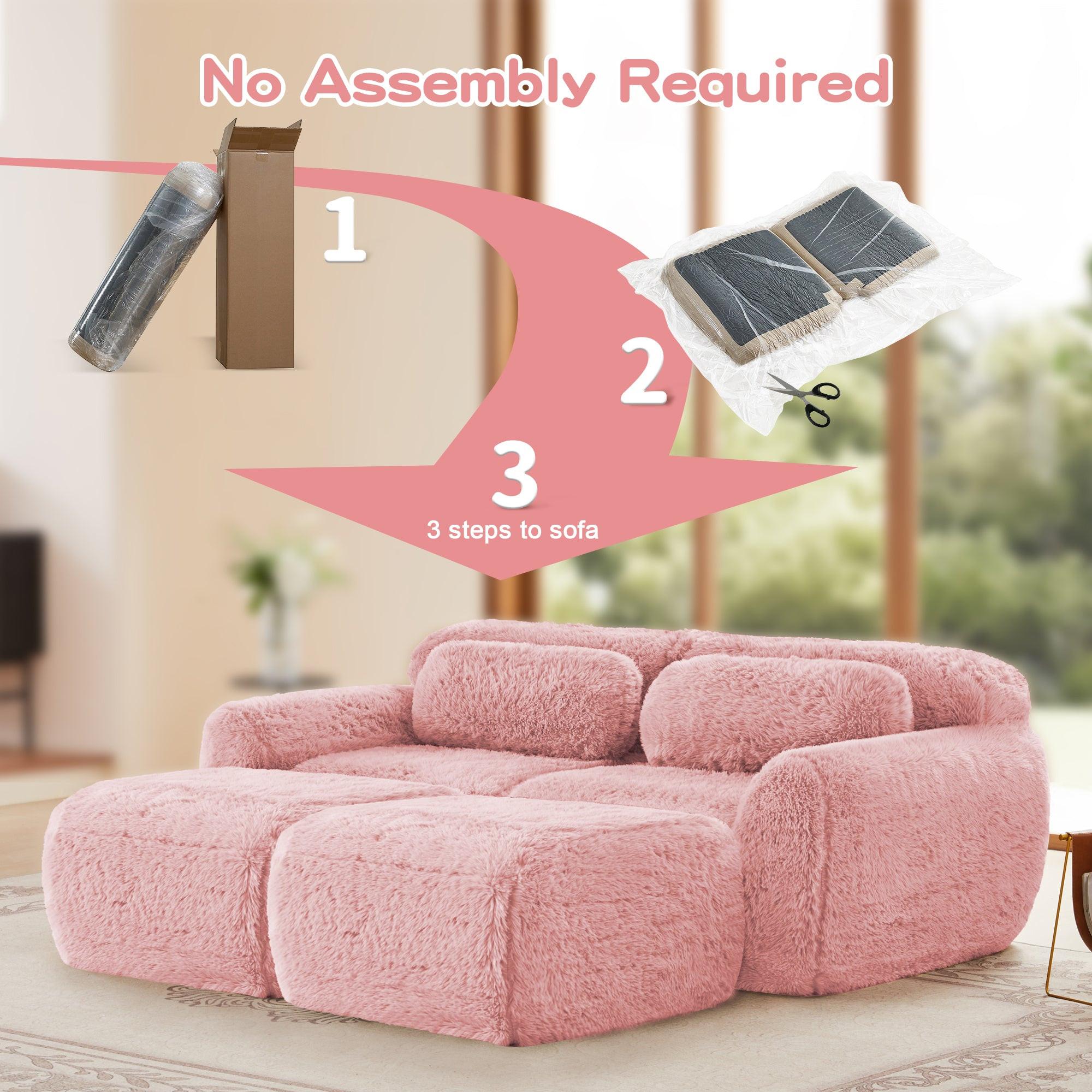 Pink Modular Plush Sofa - No Assembly, Non-slip, With Ottoman.