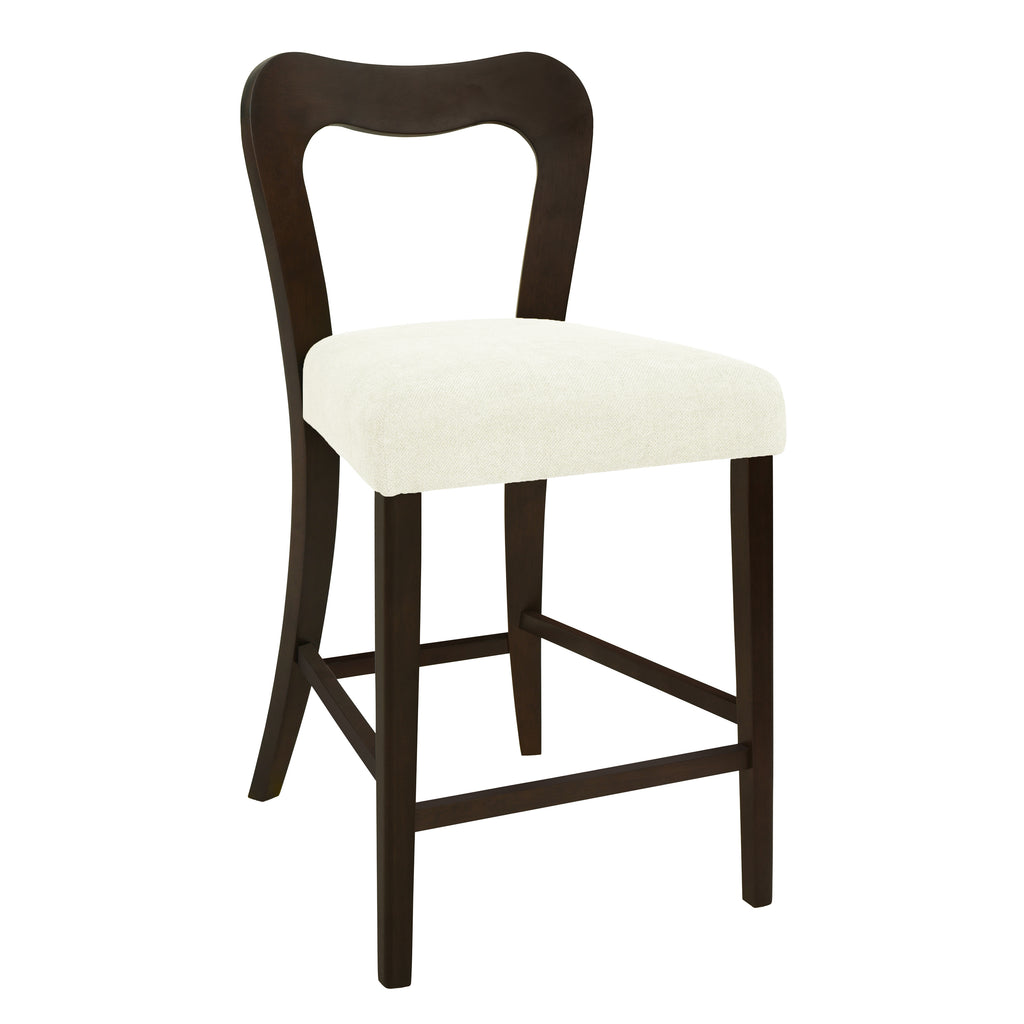Angled view of Counter Stool Set of 2 - Dark Brown + Beige highlighting the sleek frame and soft upholstered seat.