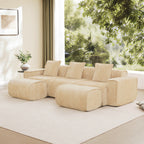 Light camel Modular Velvet Sectional Sofa with three seats and three ottomans. Flexible layout for customizable comfort and style.