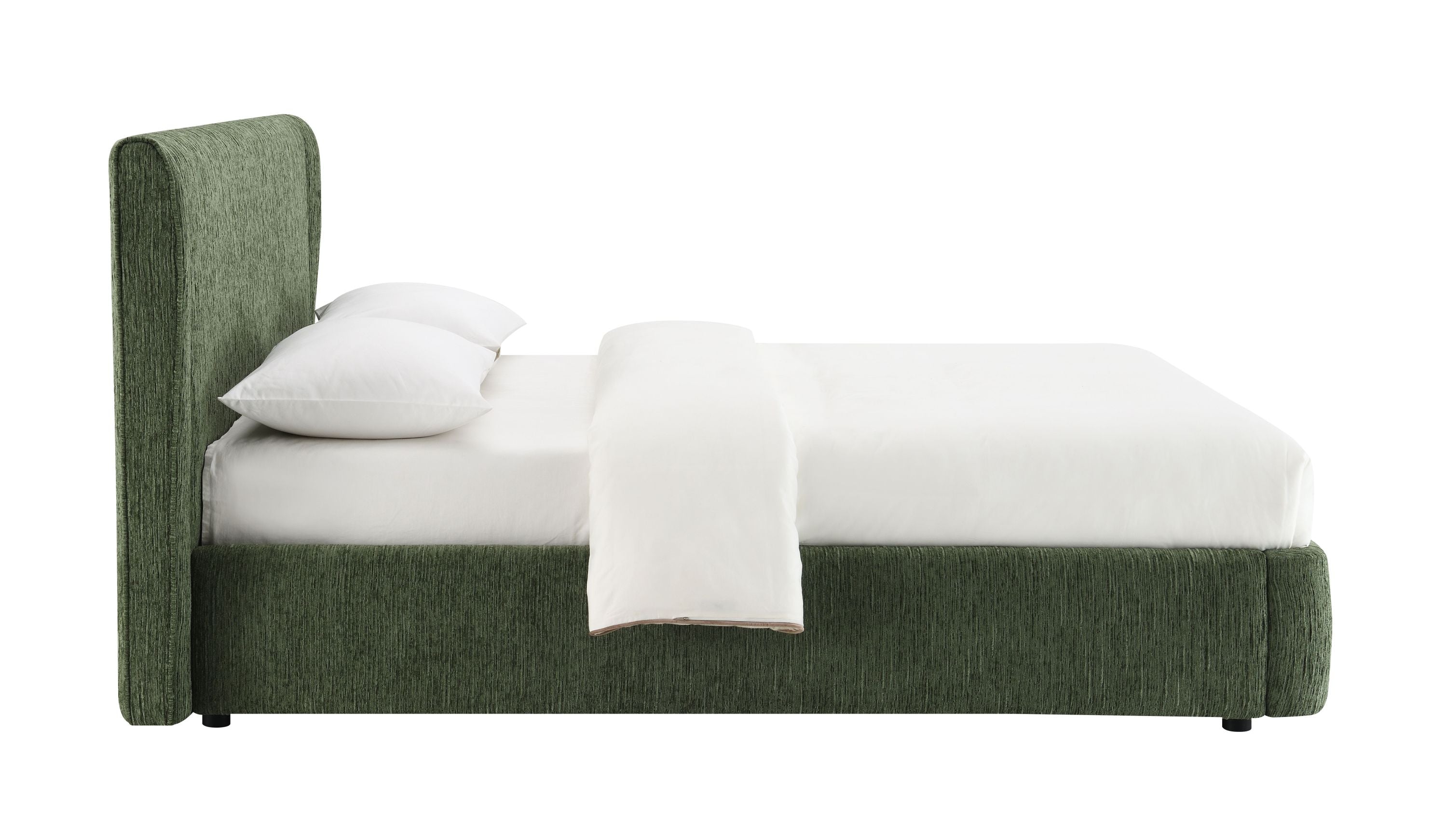 Side view of Cheryl Chenille Queen Bed in dark green with white bedding, padded headboard and tool-free assembly design.
