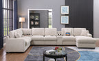 Straight-on view of beige chenille sectional sofa with chaise, USB ports, and cupholders in a stylish living room.